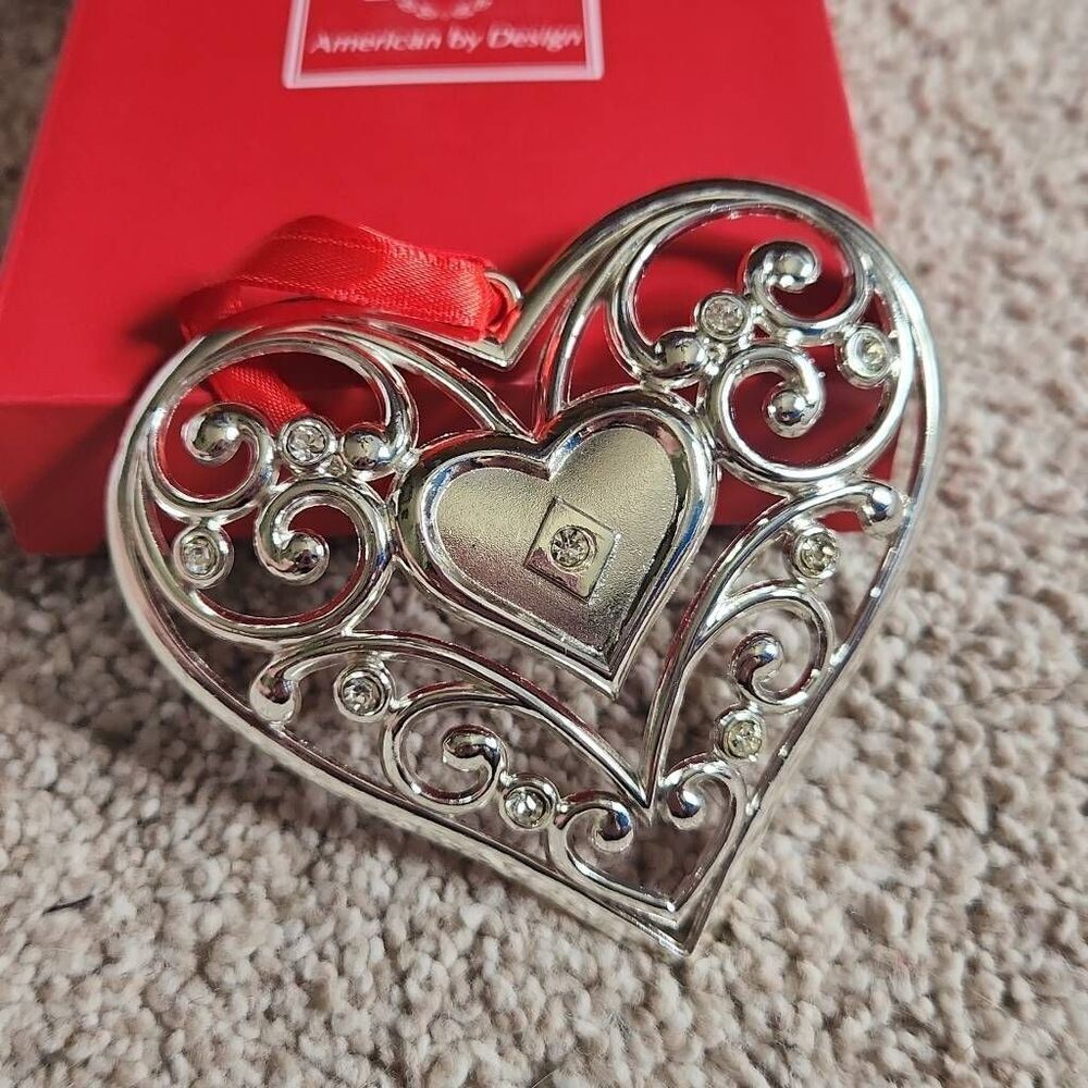 Lenox Sparkle and Scroll Clear Crystal Heart Ornament Silverplate